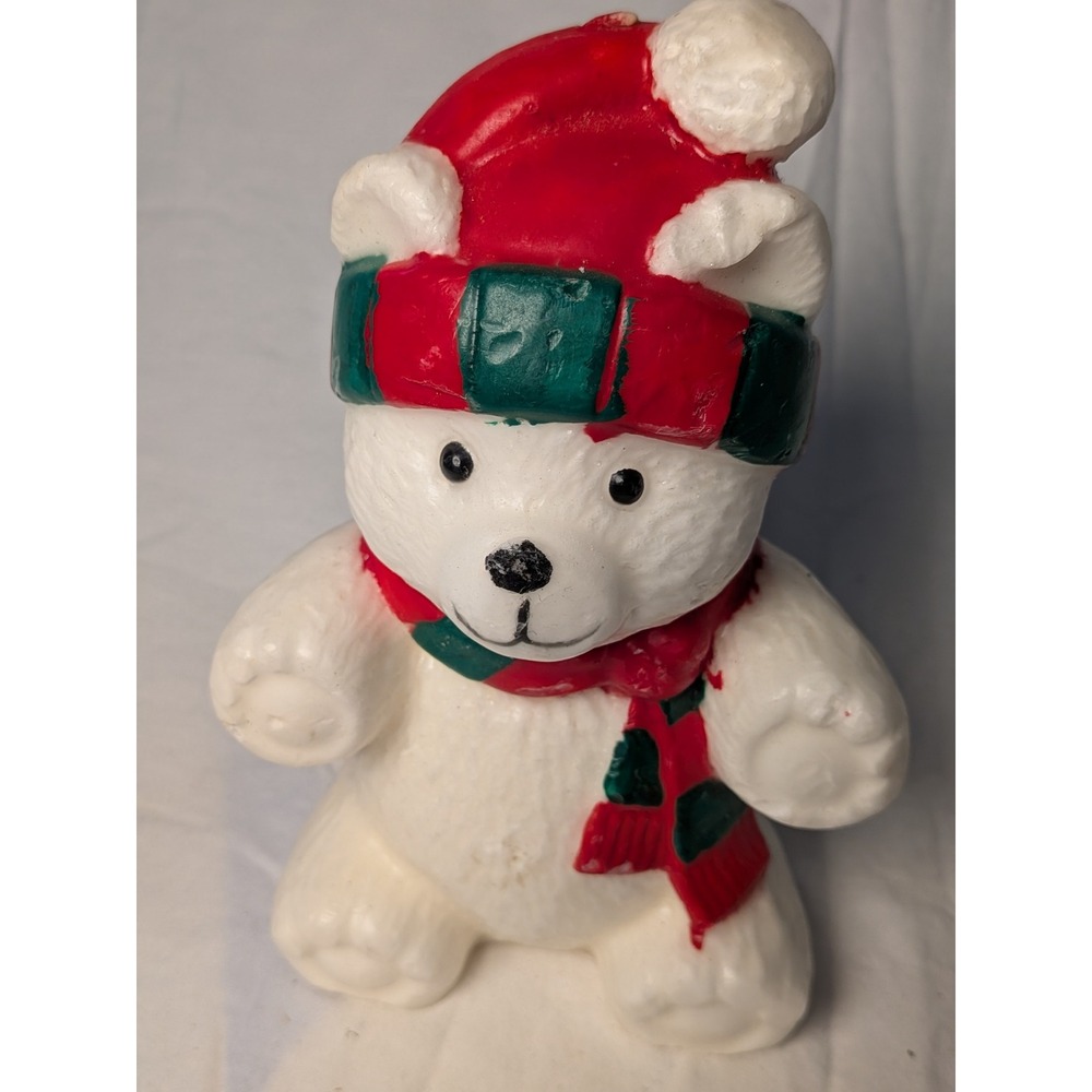Vintage Christmas Polar Bear Wax Figurine Red Green Scarf Hat Holiday Decor - Picture 6 of 8